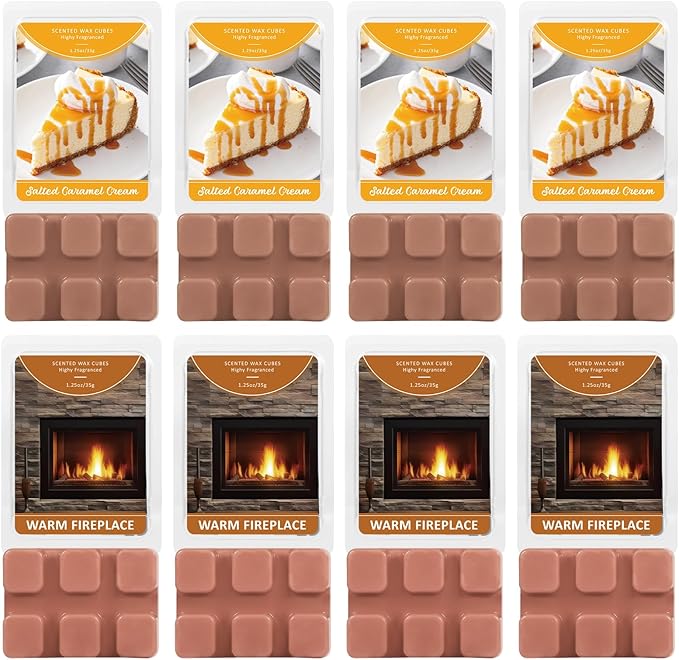 SCENTORINI Wax Melts, Wax Cubes Strong Scent, 4 Salted Caramel Cream & 4 Warm Fireplace Summer Scented Wax Melts, Soy Wax Melts for Warmer, Home Fragrances