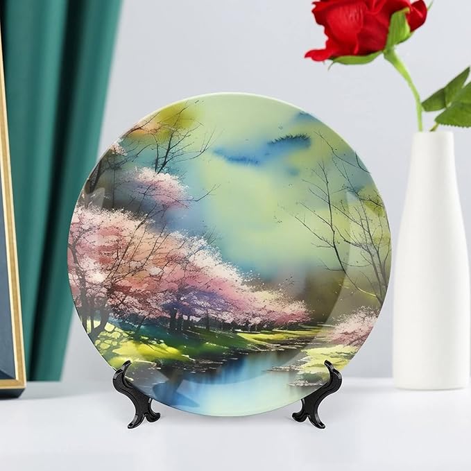 Decorative Plates, Spring Forest Painting Pink Blue Green Ceramic Dinner Plate Home Wobble-Plate with Display Stand, Wall Hanging Decor for Living Dining Room Kitchen Household 10 Inch