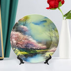 Decorative Plates, Spring Forest Painting Pink Blue Green Ceramic Dinner Plate Home Wobble-Plate with Display Stand, Wall Hanging Decor for Living Dining Room Kitchen Household 10 Inch
