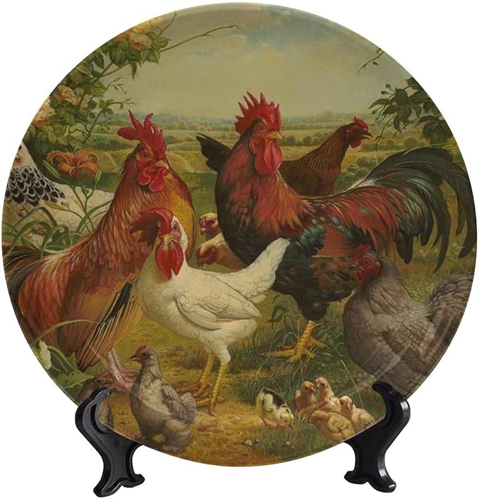 Rooster Decorative Ceramic Plates, 10 Inch, Rooster Hen Chick White Chicken Gathering Round Display Plate, Decorative Plates with Stand, for Home Kitchen Bedroom Decorative Ornaments