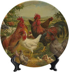 Rooster Decorative Ceramic Plates, 10 Inch, Rooster Hen Chick White Chicken Gathering Round Display Plate, Decorative Plates with Stand, for Home Kitchen Bedroom Decorative Ornaments