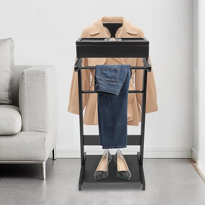 Wood Suit Rack, 22.05Lbs Capacity Freestanding Clothing Valet Stand Floorstanding Valet Stand Clothing Rack Organizer w/Shoe Shelf for Hallways Hotels Office & Shopping Malls (Black)