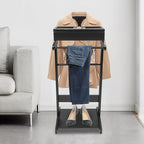 Wood Suit Rack, 22.05Lbs Capacity Freestanding Clothing Valet Stand Floorstanding Valet Stand Clothing Rack Organizer w/Shoe Shelf for Hallways Hotels Office & Shopping Malls (Black)