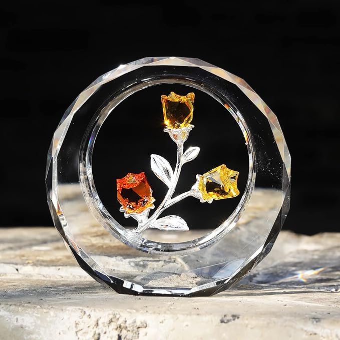 LONGWIN Crystal Tulips Flower Figurines with a Outer Circular Ring, Glass Spring Bouquet Home Decor Paperweight Ornaments Yellow