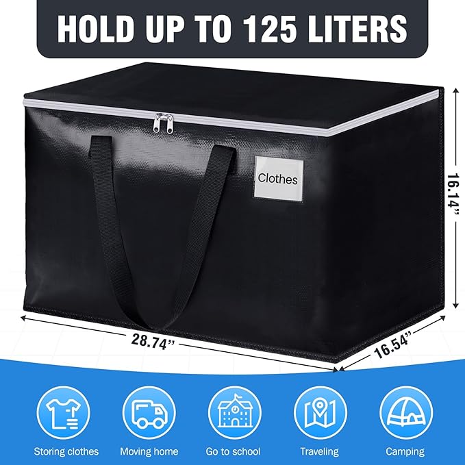 BlissTotes Moving Bags, Heavy Duty Moving Boxes with Zippers Top and Sturdy Handles, Storage Bags for Space Saving and Packing, Collapsible Moving Supplies, Storage Totes (125L, 4-Pack, Black)