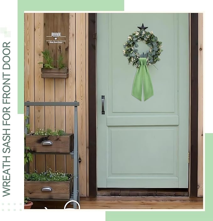 2 Pcs Sage Green Wreath Sash for Front Door Linen Wreath Ribbon Bow for Yard Porch Garland Home Decor