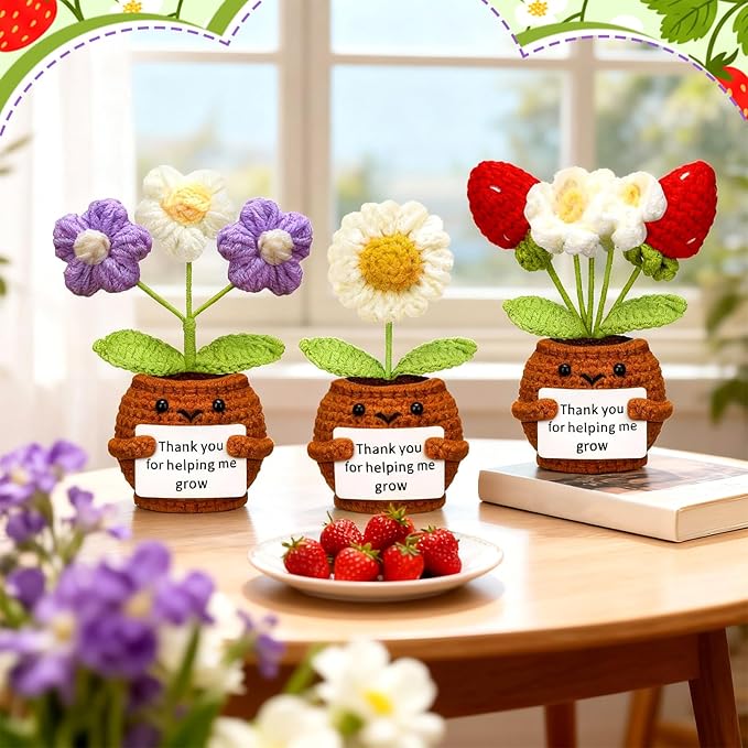 Wavwavw 3 Pack Teacher Appreciation Gift Positive Flower Handmade Crochet Doll Thank You for Helping Me Grow Gifts Back to School Gifts for Women Teacher(Strawberry, Puff and Sunflower)