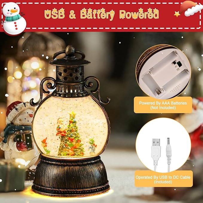 Christmas Snow Globe Lantern - Lighted Musical Water Globes with 6H Timer, Glittering Swirling Santa & Gnomes Scene, Battery/USB Powered Holiday Decoration for Indoor Christmas Decor & Gifts