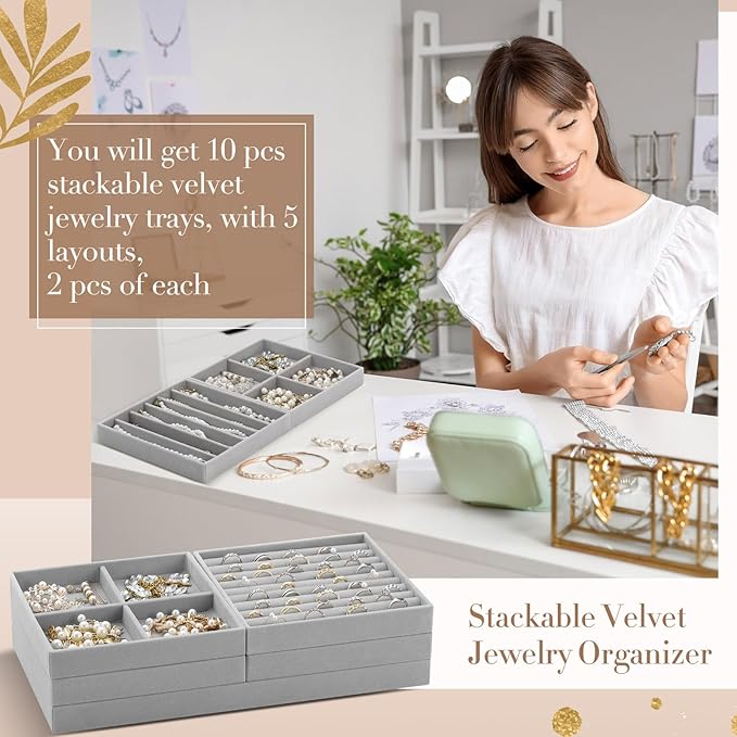Set of 10 Stackable Jewelry Organizer Trays for Drawer 14 Inch Velvet Jewelry Drawer Insert Display Storage with Removable Divider for Necklace Earring Ring Watch Bracelet (Gray)