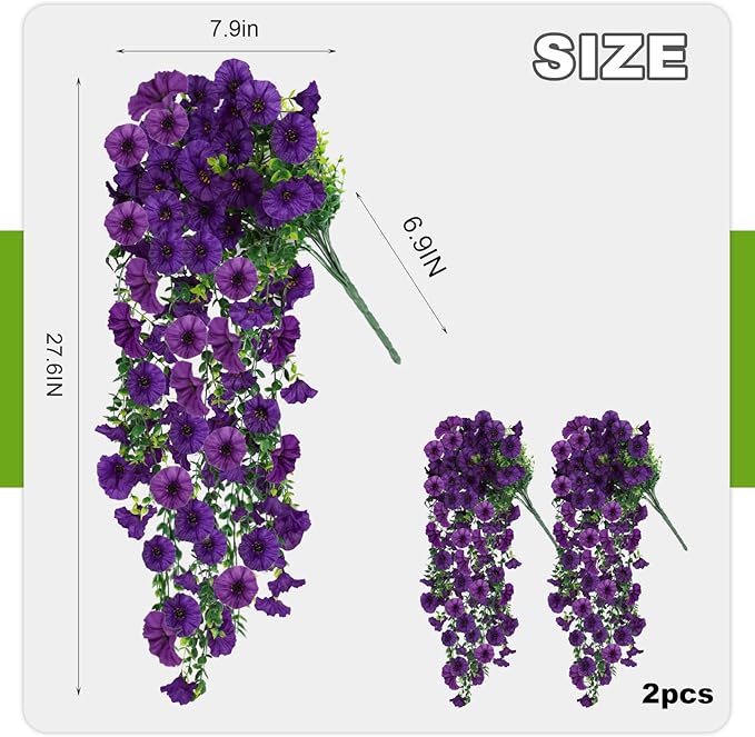 Fake Artificial Hanging Flowers for Outdoor, 2 PCS Silk Morning Glory Faux Flowers with Eucalyptus Leaves,Realistic Hanging Plants for Wedding Home Office Garden Decor