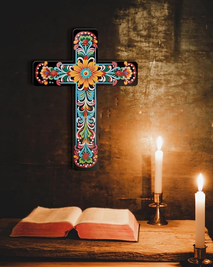 Putuo Decor Floral Cross Wall Decor Hand Painted Decorative Wooden Inspirational Cross Spanish Style Wall Cross Decor Mexican Art Wall Decor Crucifix for Home Room Church Decoration