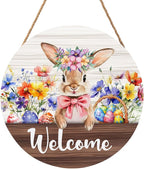 Hello Spring Easter Bunny Rabbit Sign for Front Door 12”x12” Summer Welcome Easter Wood Door Hanger for Outdoor Outside Porch Farmhouse Flowers Wooden Wreath Indoor Outdoor Wall Hanging Decoration