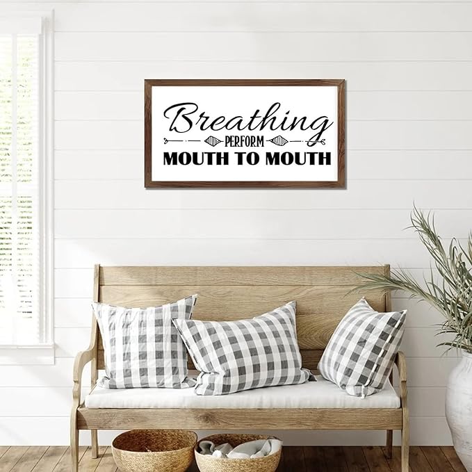 Family Lettering 12x22in Wood Framed Sign with Encouragement Quote Breathing Perform Mouth to Mouth Apricot Frame Wooden Plaque Housewarming Gift for Cottage Office Farmhouse Porch Wall Decor