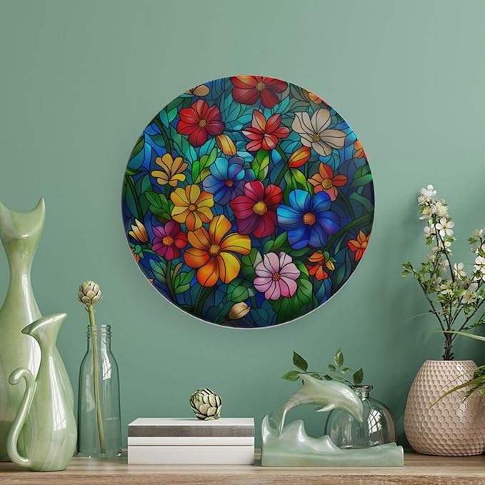 Stained Glass Theme Decorative Ceramic Plate Round Porcelain Plate,7 inch,Colorful Flowers Pattern,for Decorative Ornaments Giving Plates, 1 Plate with 1 Display Stand,Multicolor