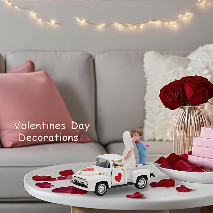 Valentines Day Decorations Farmhouse Vintage Mini Truck with Love Couple Figurines, Heart Pattern, Valentine's Day Home Tiered Tray Decor Valentine & Wedding Table Centerpiece Gifts for Her Him