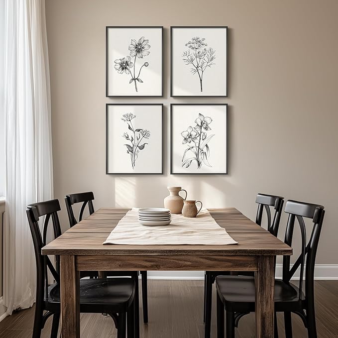 Framed Black and White Floral Wall Art for Bedroom, 4 Piece Vintage Botanical Canvas Paintings Artwork for Modern Farmhouse, Minimalist Flower Pictures for Living Room Kitchen Bathroom Wall Decor