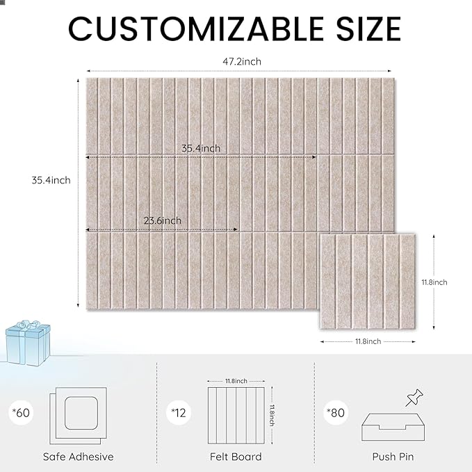 Large Cork Bulletin Board for Wall 48"x36", 12 Pack Felt Slat Wall Panel Tiles with 60 Pushpins, 50 Safe Removable Adhesive Tabs, Decorative Pin Board Tack Board for Office Home School