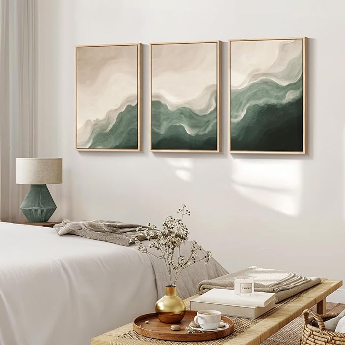 Framed Green and Beige Abstract Wall Art Set of 3, Modern Neutral Canvas Prints Paintings Artwork for Walls, Minimalist Abstract Pictures for Bedroom Dining Room Living Room Wall Decor 16x24 In