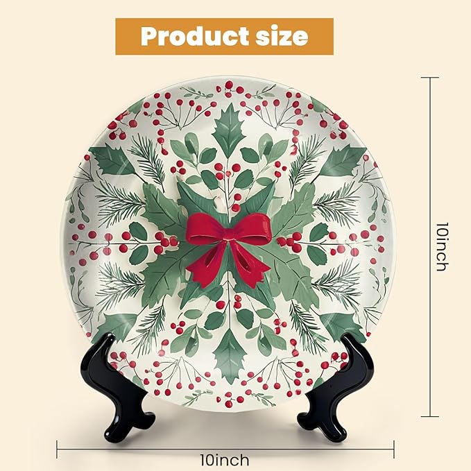HABEN ARTWORK 10" Ceramic Plates for Display Festive Christmas Holly Red Berries Green Bow Snowflake Decorative Plate with Stand and Hook for Kitchen Dining Room Wall Hanging Decor