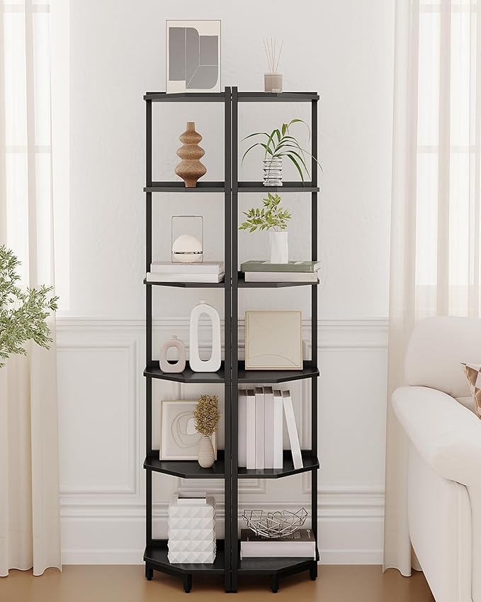 Hzuaneri Corner Shelf Stand, Corner Bookshelf, Storage Standing Shelf Unit with Metal Frame, Plant Stand, Bookcase for Living Room, Home Office, Bedroom, 6-Tier Black CS06006B