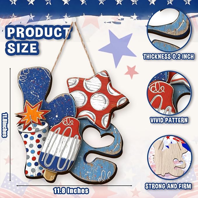 Wooden 4th of July Decorations Patriotic Wreaths for Front Door Independence Day Decorations Star Sign Welcome Memorial Day Hanging for Home Wall Decor Outdoor Indoor Red White and Blue Wreath 8