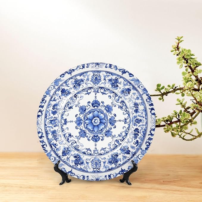 Blue White Flowers Bone China Decorative Plate –ceramic Art Plate With Display Stand For Home, Kitchen, Wall Or Table Decor