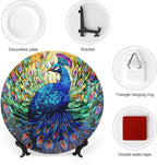 Decorative Plates, Colorful Peacock Stained Glass Design Ceramic Dinner Plate Home Wobble-Plate with Display Stand, Wall Hanging Decor for Kitchen Household 8 Inch, Gifts for Peacocks Lover
