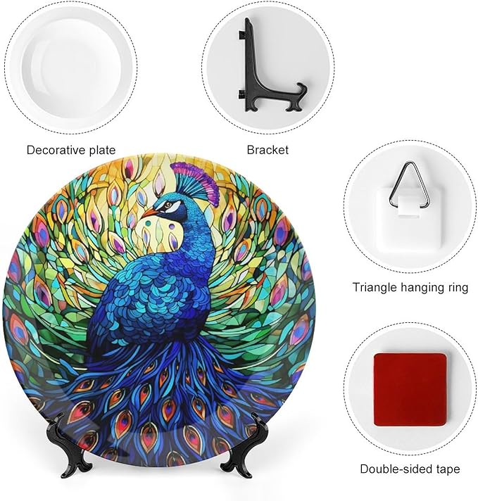 Decorative Plates, Colorful Peacock Stained Glass Design Ceramic Dinner Plate Home Wobble-Plate with Display Stand, Wall Hanging Decor for Kitchen Household 6 Inch, Gifts for Peacocks Lover