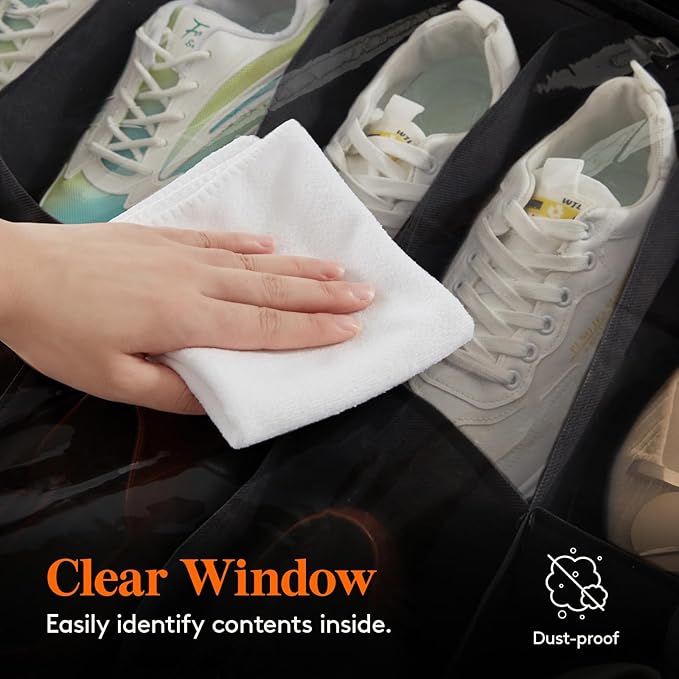 Lifewit Under Bed Shoe Storage Organizer 4 Pack(16 Pairs), 4.3" Tall Fabric Shoes Container Box, Foldable Closet Shoe Bag with 2 Reinforced Handles and Clear Cover, Black