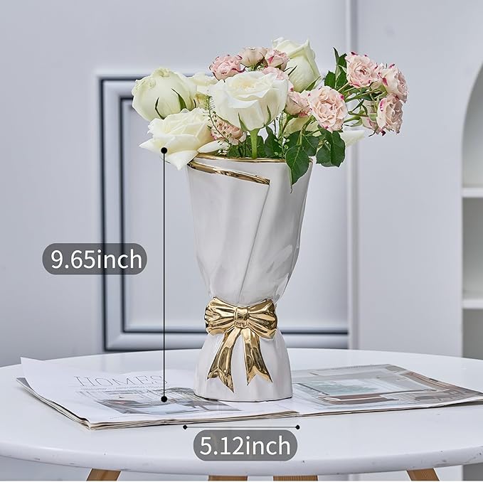White and Gold Vase, Bow Vase for Home Decor, White Flower Vases for Boho Style, 9.65 Inch Large Vases for Ideal Table Decor, Ceramic Bouquet. （Glazed Exterior and Interior） (White, Large)