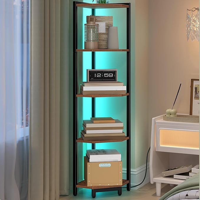 Hzuaneri Corner Shelf with LED Light, 5-Tier Corner Bookshelf, Tall Narrow Display Bookcase with Metal Frame, Standing Shelf for Small Space, Living Room, Home Office, Bedroom, Rustic Brown CS66501B