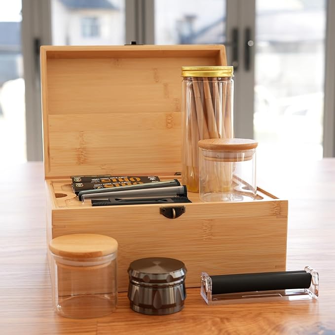 Large Bamboo Storage Box with Removable Tray Kit - Decorative Box Set, Glass Jars, and Accessories Wooden Storage Kit and Accessories Tool.Birthday Gifts