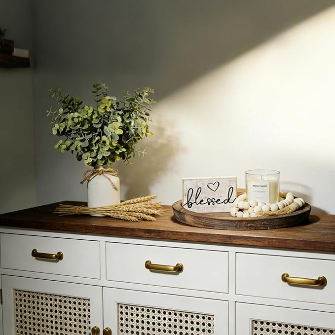 Rustic Modern Farmhouse Decor Set of 6 for Your Living Room, Kitchen Counter, Home or Table Centerpieces Room Decor, Wood Round Decorative Tray Gifts for Women Men