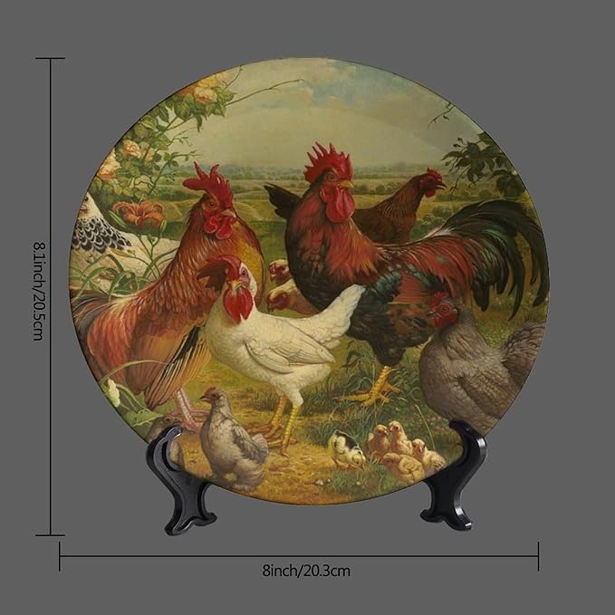 Rooster Decorative Plate Holder, 8 Inch, Rooster Hen Chick White Chicken Gathering Round Display Plate, Decorative Plates with Stand, for Home Kitchen Bedroom Decorative Ornaments