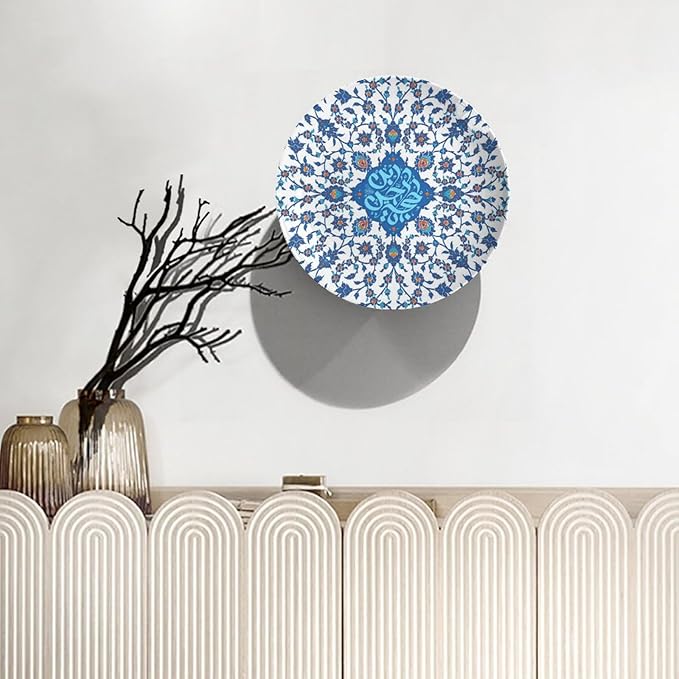 Turkish Decorative Plate Holder, 8 Inch, Blue Flowers Round Display Plate, Table Top Plate Decor with Stand, Ceramic Craft for Wall Hanging Decorative