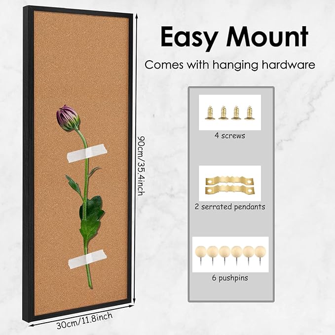 TORASO Cork Board Bulletin Board, Corkboard for Walls with Black Frame, Large Wall Mounted Cork Board with Installation Kit,11.8" x 35.4" Pin Tackboard for Home,Office, School (RMB-BK-3090)