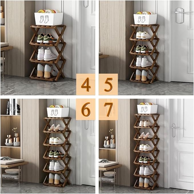 Foldable Shoe Rack, Bamboo Vertical Shoe Organizer Tall for Small Spaces. Multifunctional Narrow Shoe Shelf for Entryway, Closet, Corner, Bedroom, Hallway, Brown Color 7 Layers