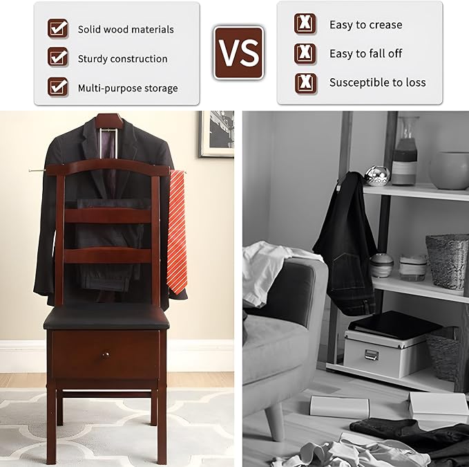 ZCXBHD Suit Valet Stands For Men With Drawer Wooden Chair Valet Stand Freestanding Valet Stand for Women With Trouser Bar And Tie Bar