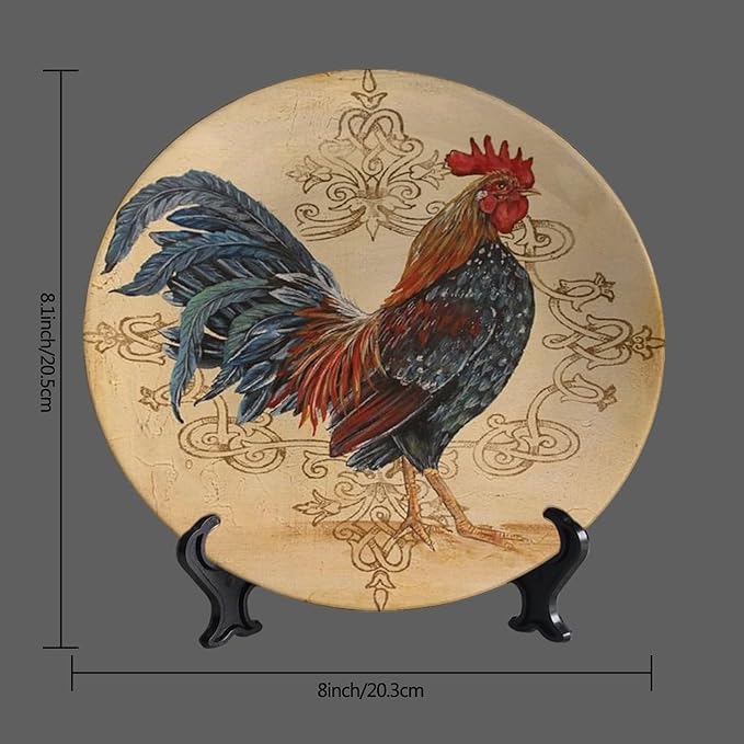 Rooster Decorative Ceramic Plates, 8 Inch, Rooster On A Khaki Background Round Display Plate, Decorative Plates with Stand, for Kitchen Party Coffee Table Decor Art
