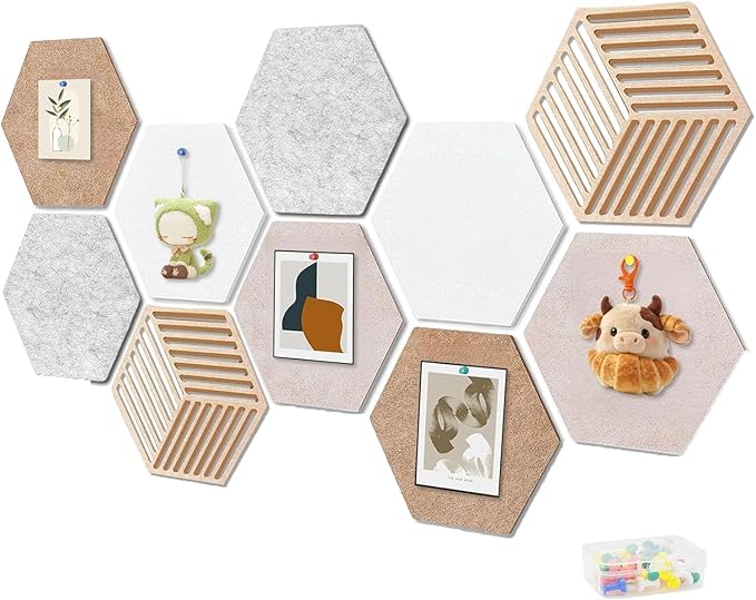 12'' Large Hexagon Cork Board Tiles – 10 Pack Adhesive Frameless Bulletin Board for Office & Home Wall Decor, Vision Board with 35 Push Pins, Decorative Pin Board for Photos & DIY