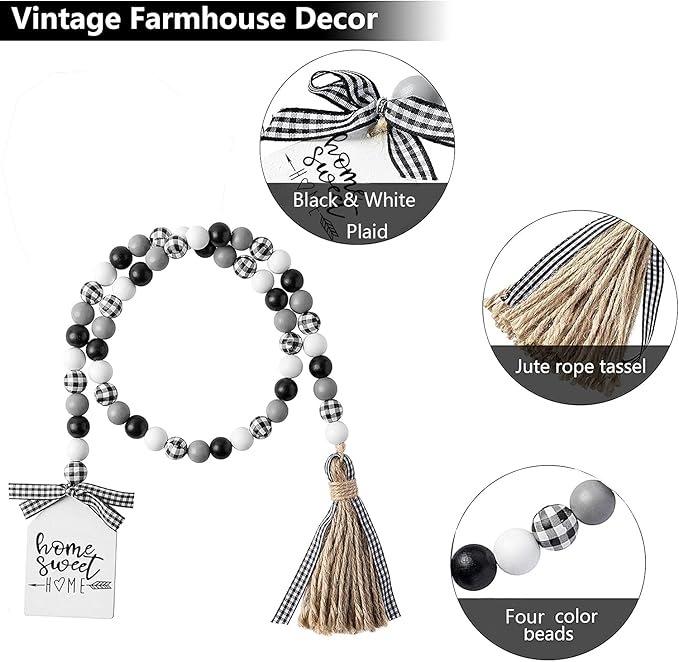 Farmhouse Plaid Wood Bead Garland with Tassel 40inch Hanging Decor Home Decorative Home Sign for Farmhouse Tiered Tray Wreath