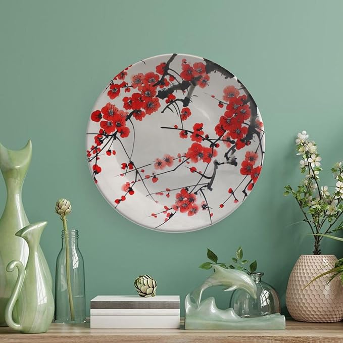 Japanese Spring Theme Decorative Ceramic Plate Round Porcelain Plate,Plum Tree Blossoms Pattern,for Decorative Ornaments Giving Plates, 1 Plate with 1 Display Stand,Red Beige,10 inch