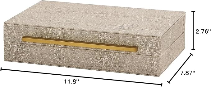 Kingflux Ivory Shagreen Decorative Box For Keepsake And Memory, Faux Leather Storage Box Jewelry Organizer Wooden Home Organizer Box For Accessory With Brushed Gold Handle (Ivory)
