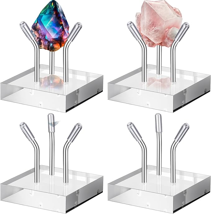 Weysat 4 Pack Clear Acrylic Display Stand, Metal 3 Peg Rock Display Easel Stands for Fossil Coral Crystal Geodes Rock Mineral Agate Small Collectibles Acrylic Holder(2”x2”x2”,Silver)