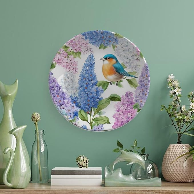 Flower Theme Decorative Ceramic Plate Round Porcelain Plate,10 inch,Bird Watercolor Pattern,for Decorative Ornaments Giving Plates,1 Plate with 1 Display Stand,Blue Purple