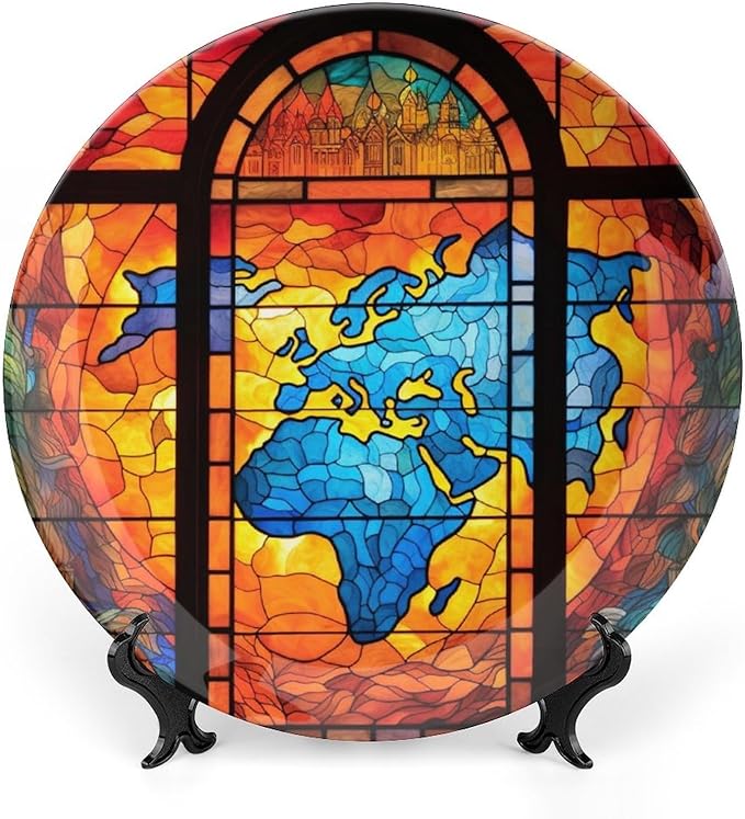Decorative Plates, Old Globe Map Stained Glass Print Display Plate for Home Office Kitchen Table Decor Porcelain Plates 10 Inch, Gifts for Adventure Lover Wanderlust