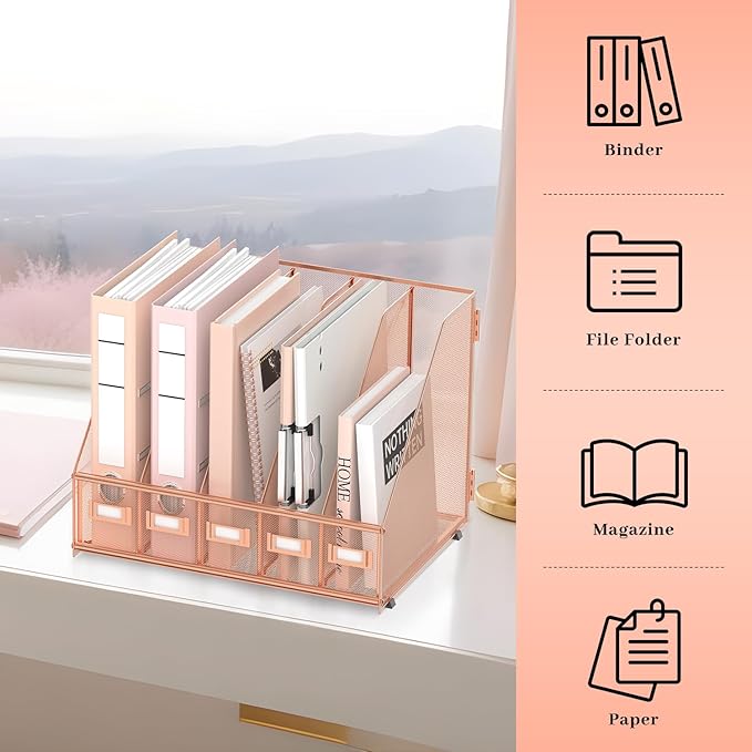 SUPEASY Desk Organizers Metal Desk Magazine File Holder with 5 Vertical Compartments Rack File Organizer for Office Desktop, Home Workspace, Rose Gold, Plus
