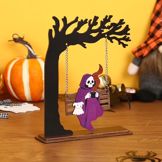 Funny Halloween Desktop Swing Decor, Spooky Indoor Home Decor for Living Room/Kitchen/Tabletop, Gothic Fall Themed Desktop Ornament, Unique Halloween Decoration for Women (Grim Reaper)