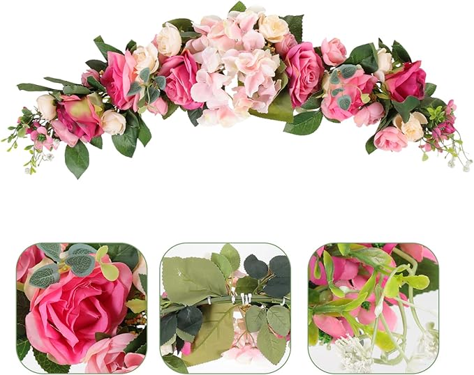 LIFKOME Wedding Arch Flowers Rustic Artificial Rose Flower Swag Door Wreath for Lintel Home Wall Decor 28X6X3 Inches Pink Green Leaves