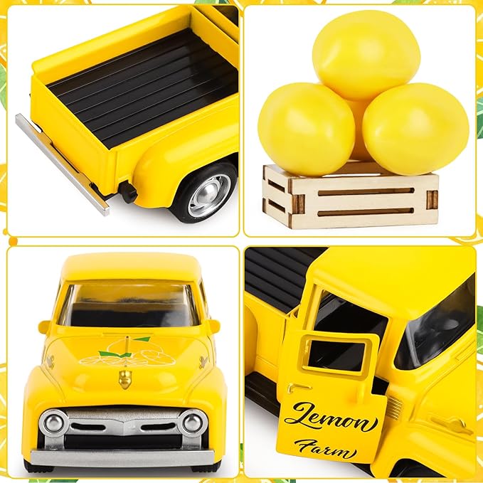 Lemon Metal Truck Lemon Home Kitchen Decorations with 4 Pcs Plastic Lemons Vintage Farmhouse Tabletop Tiered Tray Decor for Summer Home Kitchen Mantel Shelf Bookshelf Mini Truck Decorations